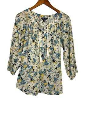 Chaps Cream Floral Lace-Up Peasant Blouse size Small